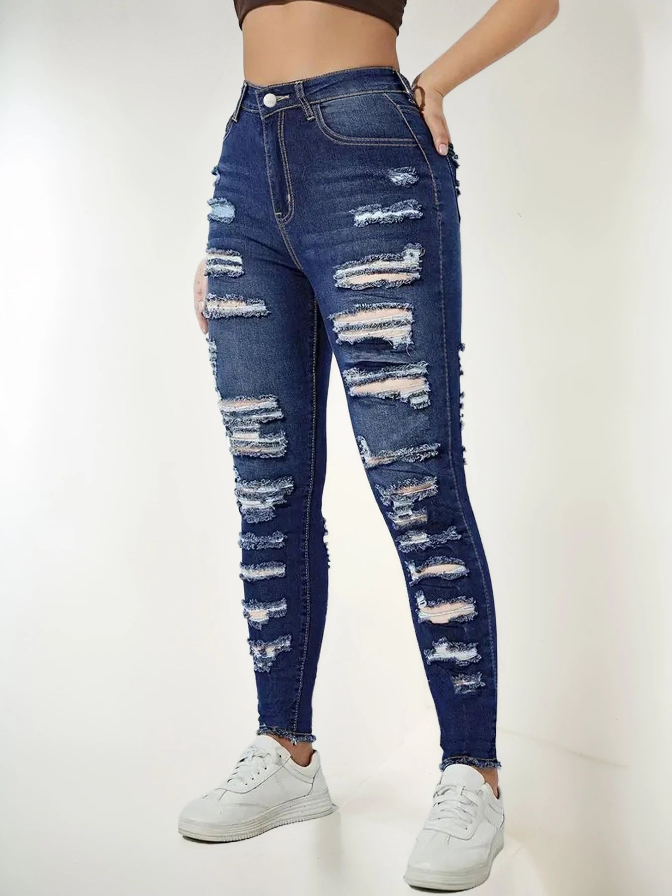 2025 New Women's High Waisted Elastic Perforated Slim Fit Jeans, Fashionable Street Style, Comfortable Casual Jeans