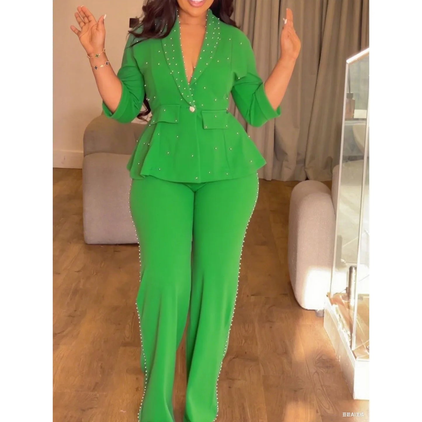 Elegant Women Two Pieces Set Beading Office Ladies High Waist Pants Work Wear Autumn Fall Fashion Business Party Classy Suits