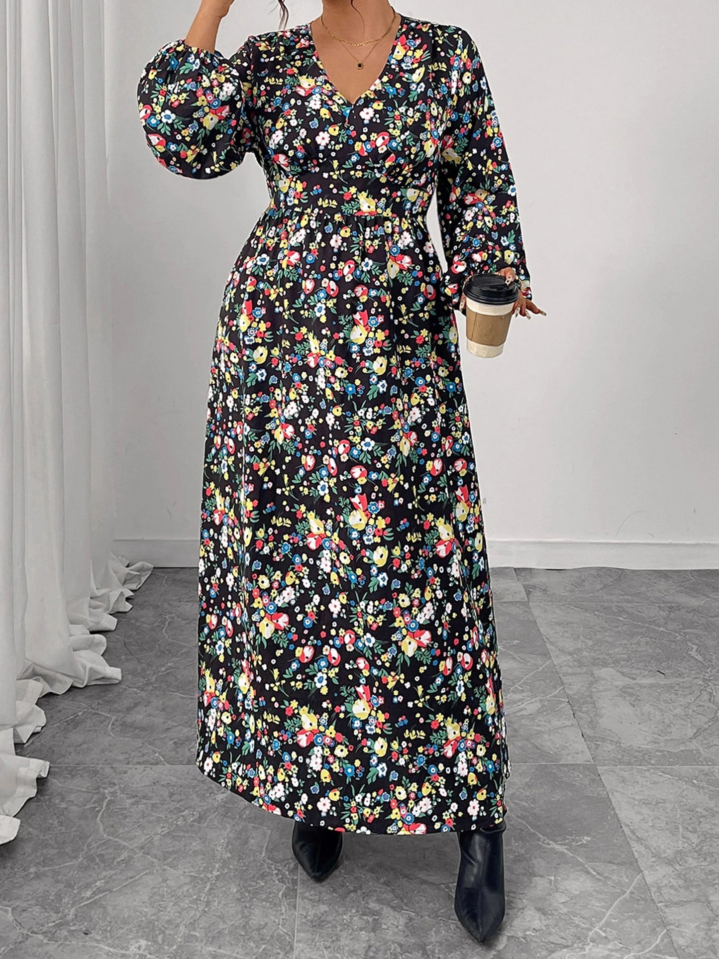 Elegant Maxi Dress Flowy Long Sleeve V-neck Printed Dress for Women s Daily Wear and Special Occasions