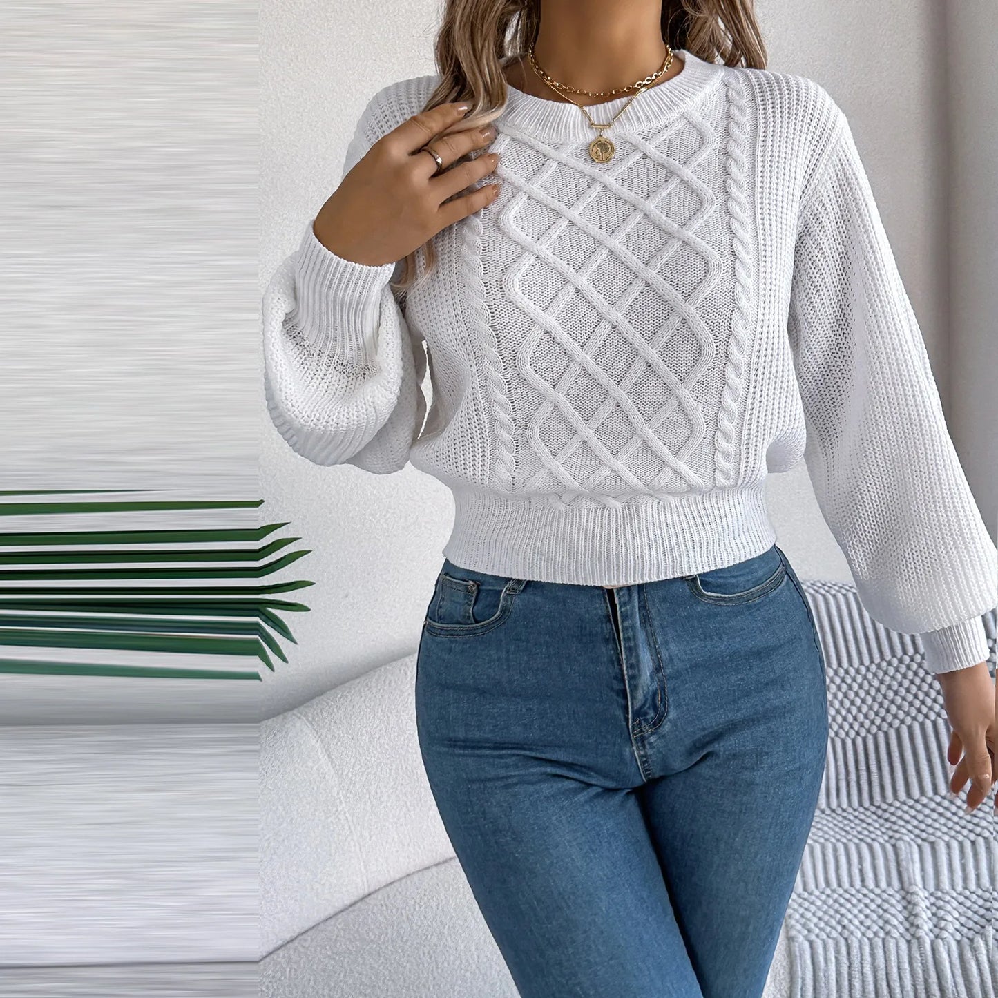 Women'S Fashion Solid Color Cable-Knit Long-Sleeved Waist Pullover Sweater Ropa De Mujer Winter Clothes Woman Sweater For Woman