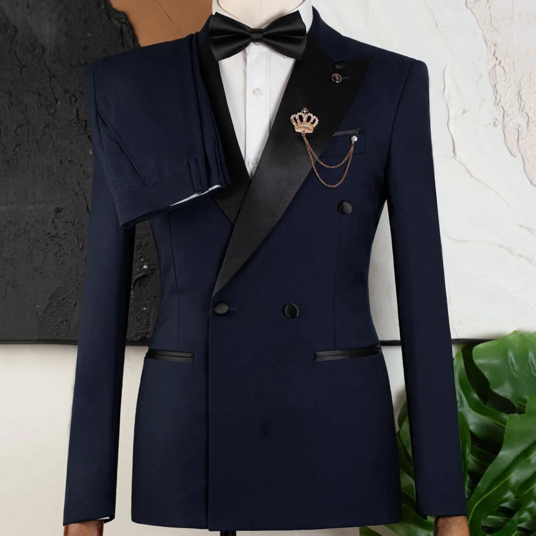 Men Suit Black 2 Piece Double Button With Bright Lapel For Wedding Groom Birthday Party Banquet Business Work Suit Jacket Pants