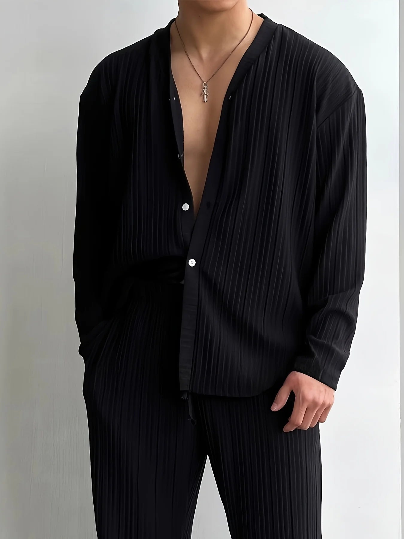 New men's commuter two-piece set, casual button-down shirt long sleeve pants cool men's summer suit - the best choice for casual