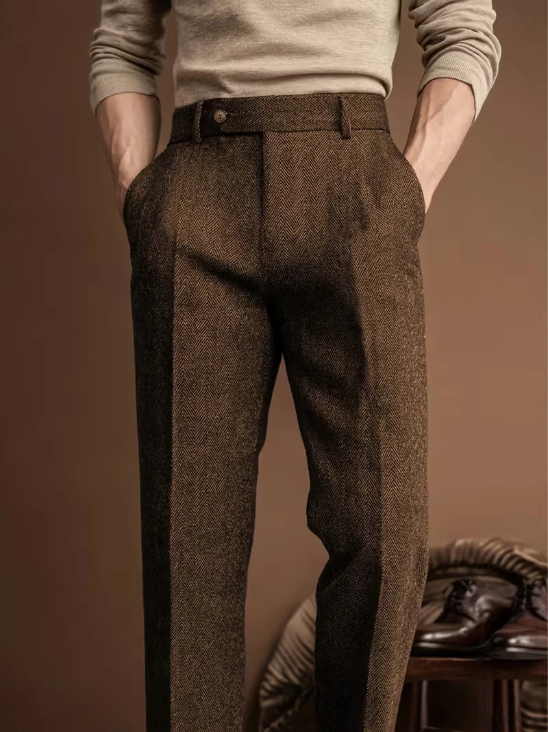 Men's Retro Herringbone Coarse Tweed Blend Straight Leg Trousers Classic Formal Business Office Leisure Attire Autumn Pants