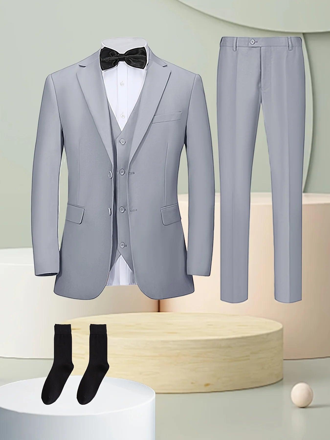 4PCS Men's Formal Tuxedo Set: Vest + Pants + Socks | Classic Solid Suit for Business/Party/Interview