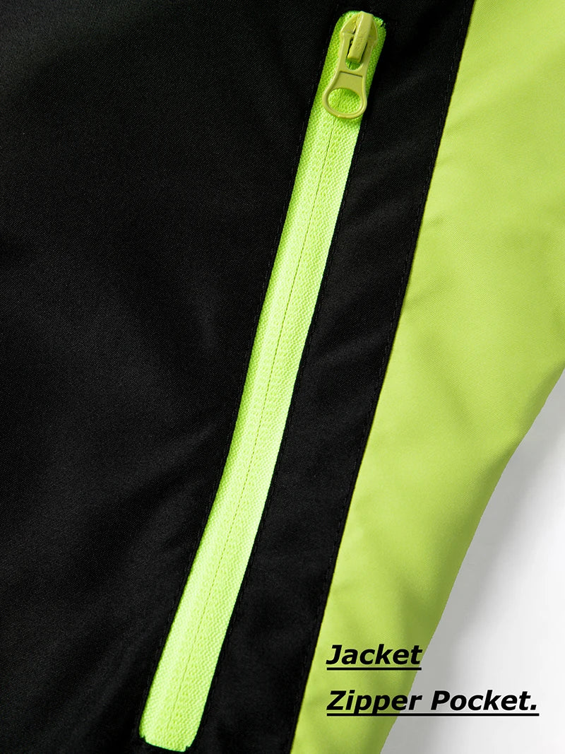 Bull Print Colorblock Sports Set for Men Outdoor Stand Collar Zip Up Jacket Coat Outwear Tops Pants Trousers with Zipper Pockets