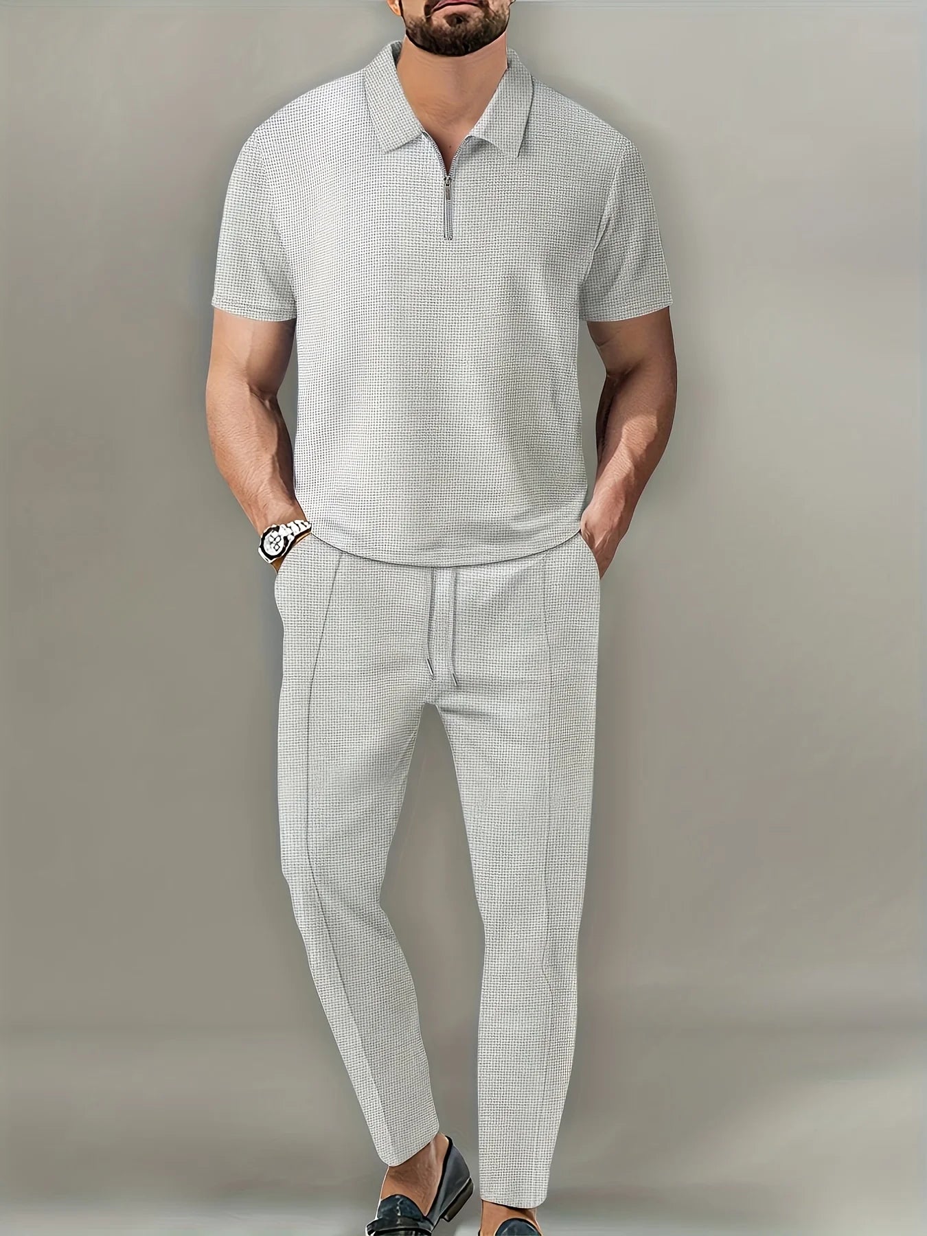 New Men's Solid Color Suit Waffle Lapel Short-sleeved Zipper Long Pants Set - The Best Choice For Casual Wea