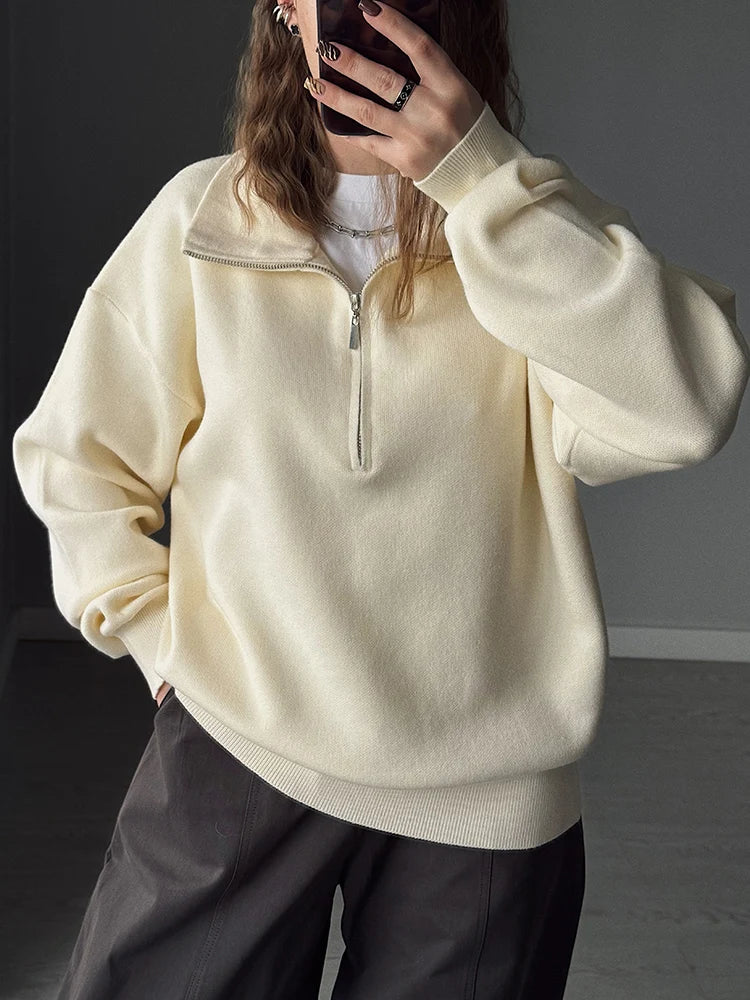 Red Zip Up Sweater Women Brown Oversized Winter Autumn Pullovers Half Zip Thick White Turtleneck Sweater With Zipper Women Warm
