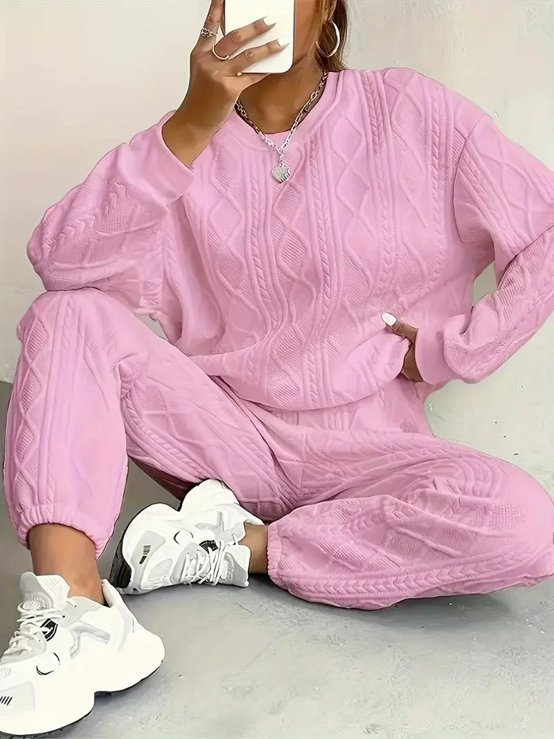 Plus Size Women's Twist Knit Textured Home Two-Piece Set, Comfortable Outfit for Autumn and Winter Casual Fashion Wear