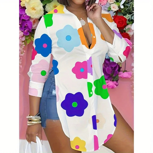 Women's Large Size Colorful Flower Printed Long Sleeve Dress