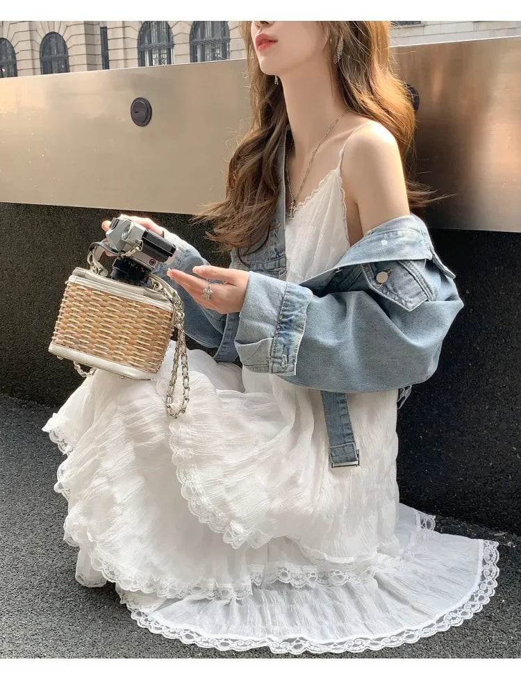 Summer  Long Vintage Casual Ruffles Elegant Maxi Strap Camis Silky Beach Lace Elegant Party Dress Vestidos Sexy Women