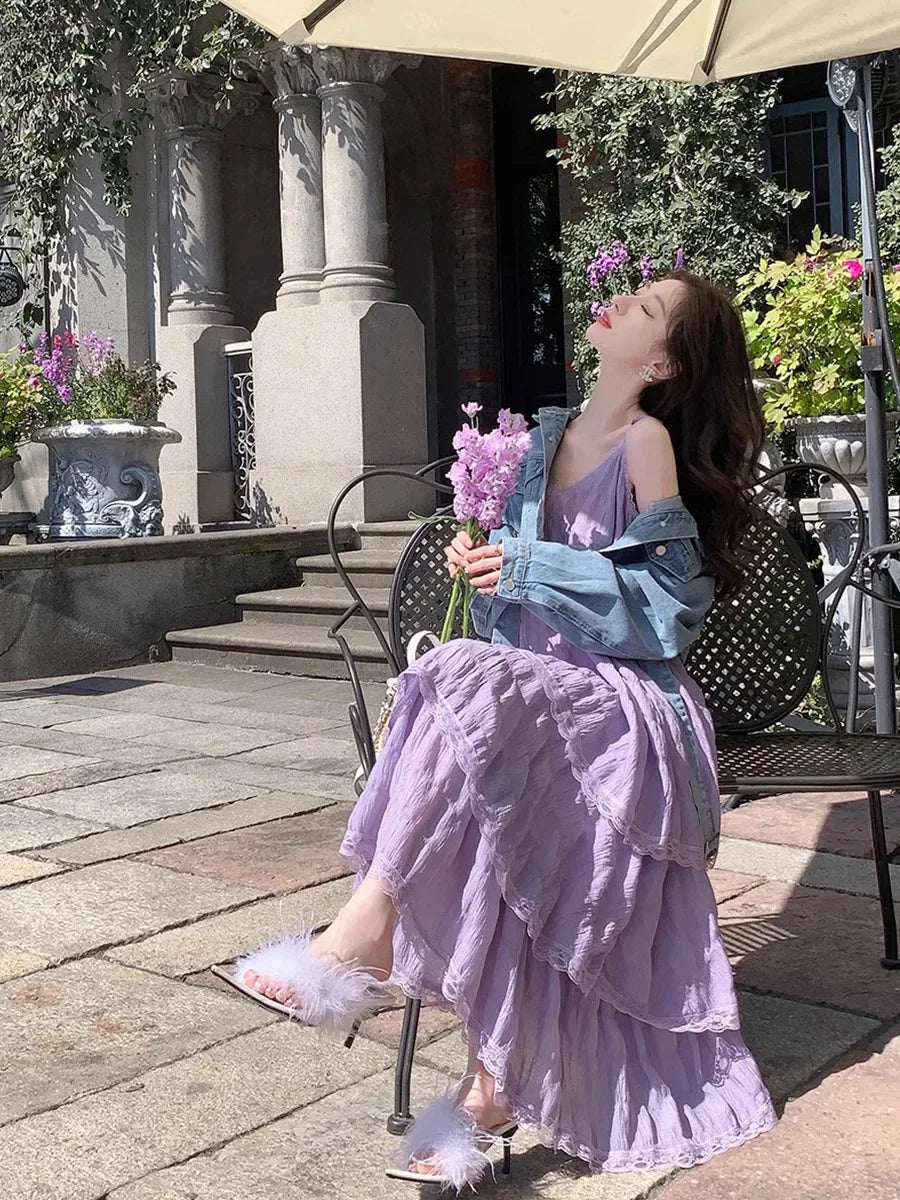 Summer  Long Vintage Casual Ruffles Elegant Maxi Strap Camis Silky Beach Lace Elegant Party Dress Vestidos Sexy Women