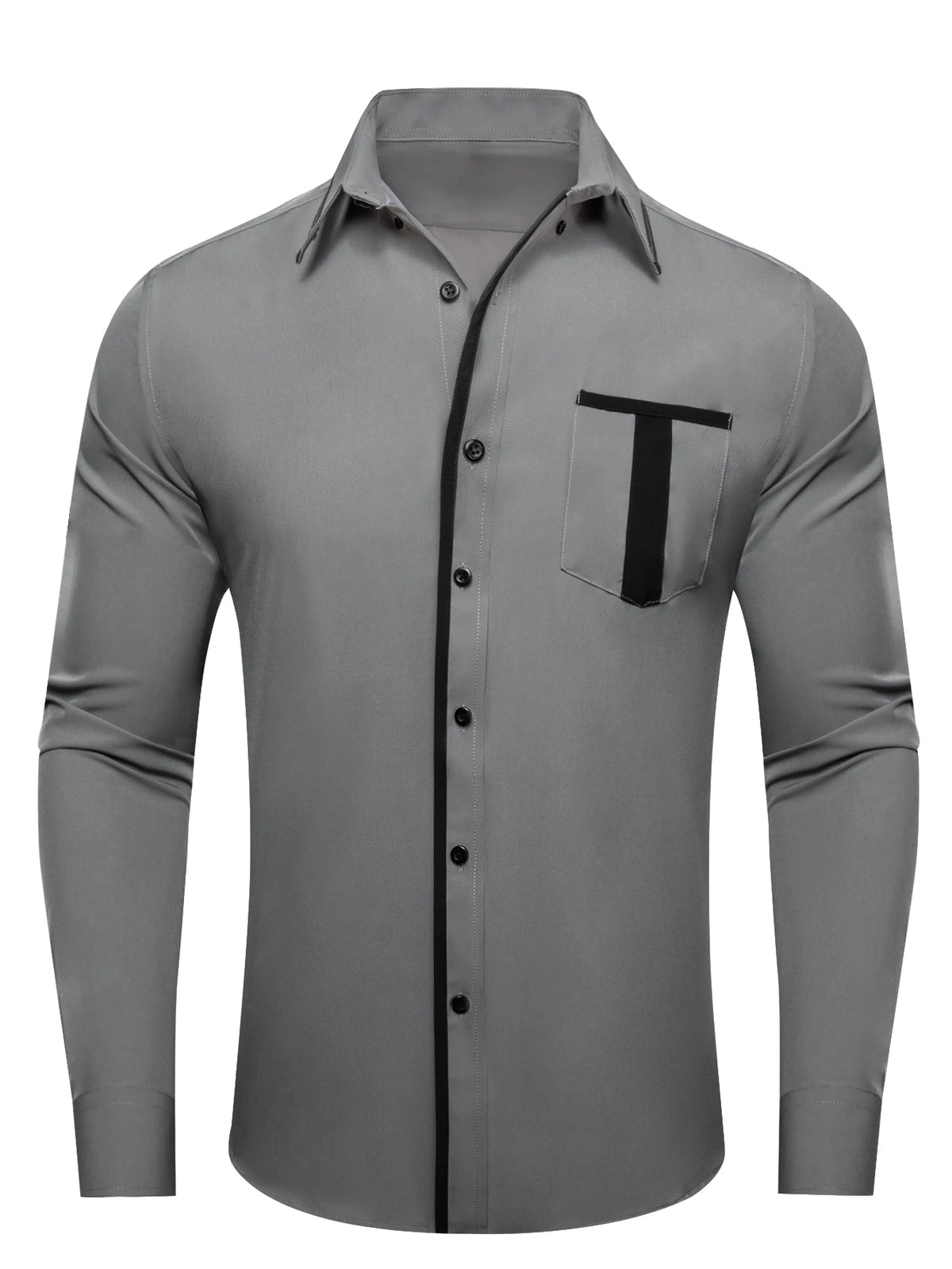 Bussiness Men's Dress Shirt, Contrast Inner Collar Cuff and Placket, Long Sleeve Button Up Shirt with V Notch Pocket for Formal