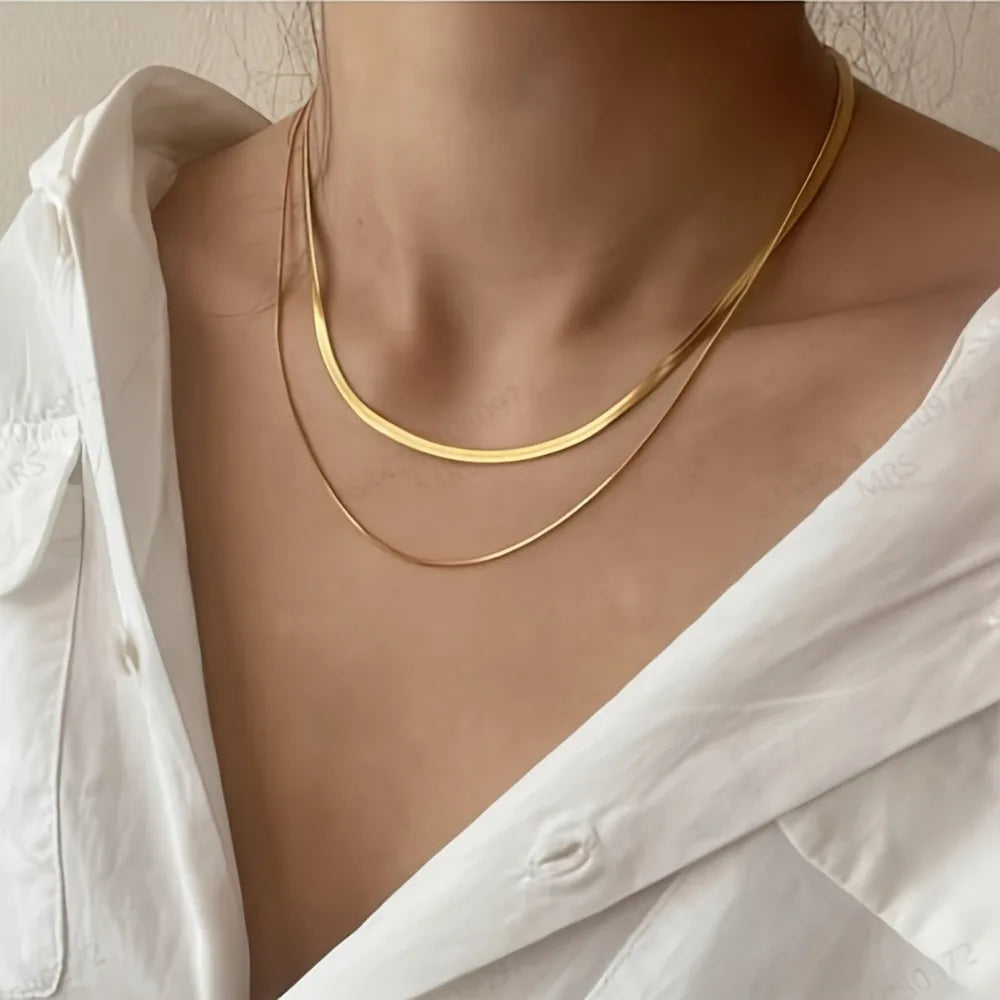 Elegant Double-Layered Stainless Steel Necklace with Round & Flat Snake Chain - Perfect for Casual Attire or Gifting