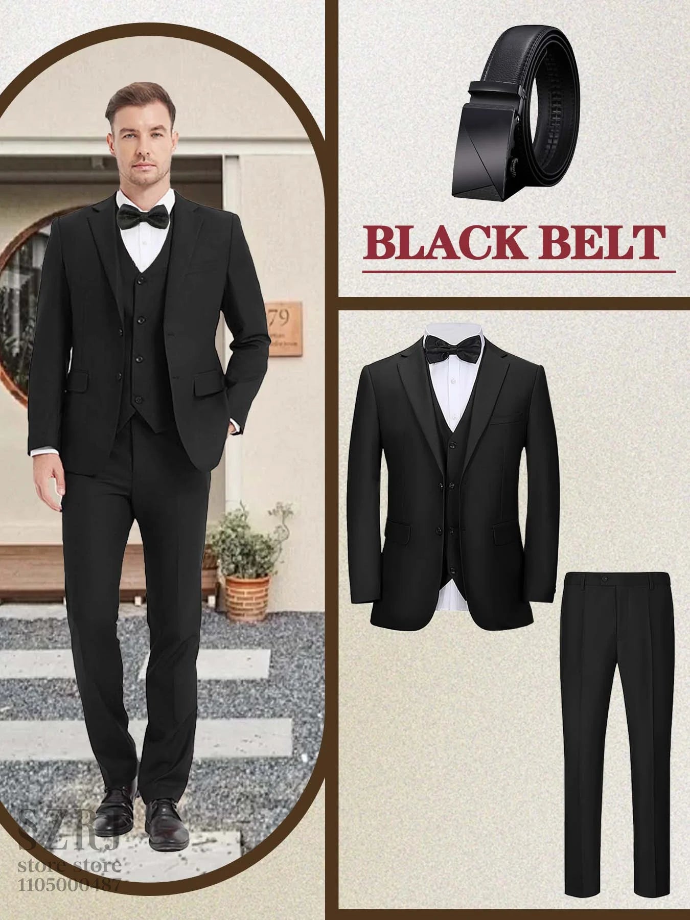 4pcs Men's Formal Suit Set: Tuxedo, Vest, Pants, Belt with .Classic Elegant Attire for Business, Party, Banquet, Job Interview