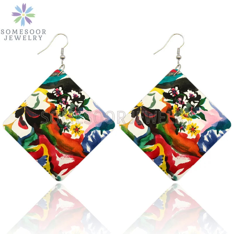 SOMESOOR Seamless Floral Afro Fabric Square Wooden Drop Earrings Blue Peonies Flowers Bohemian African Art Women Dangle Jewelry