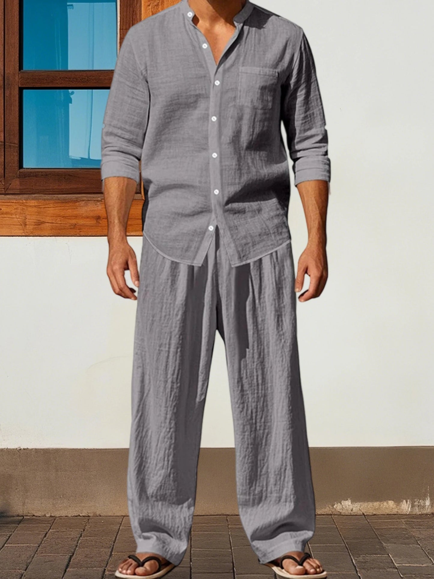 Men s Cotton Summer Outfits Sets Lightweight Breathable Short Sleeve Shirt and Shorts 2 Pcs Set for Beach Vacation