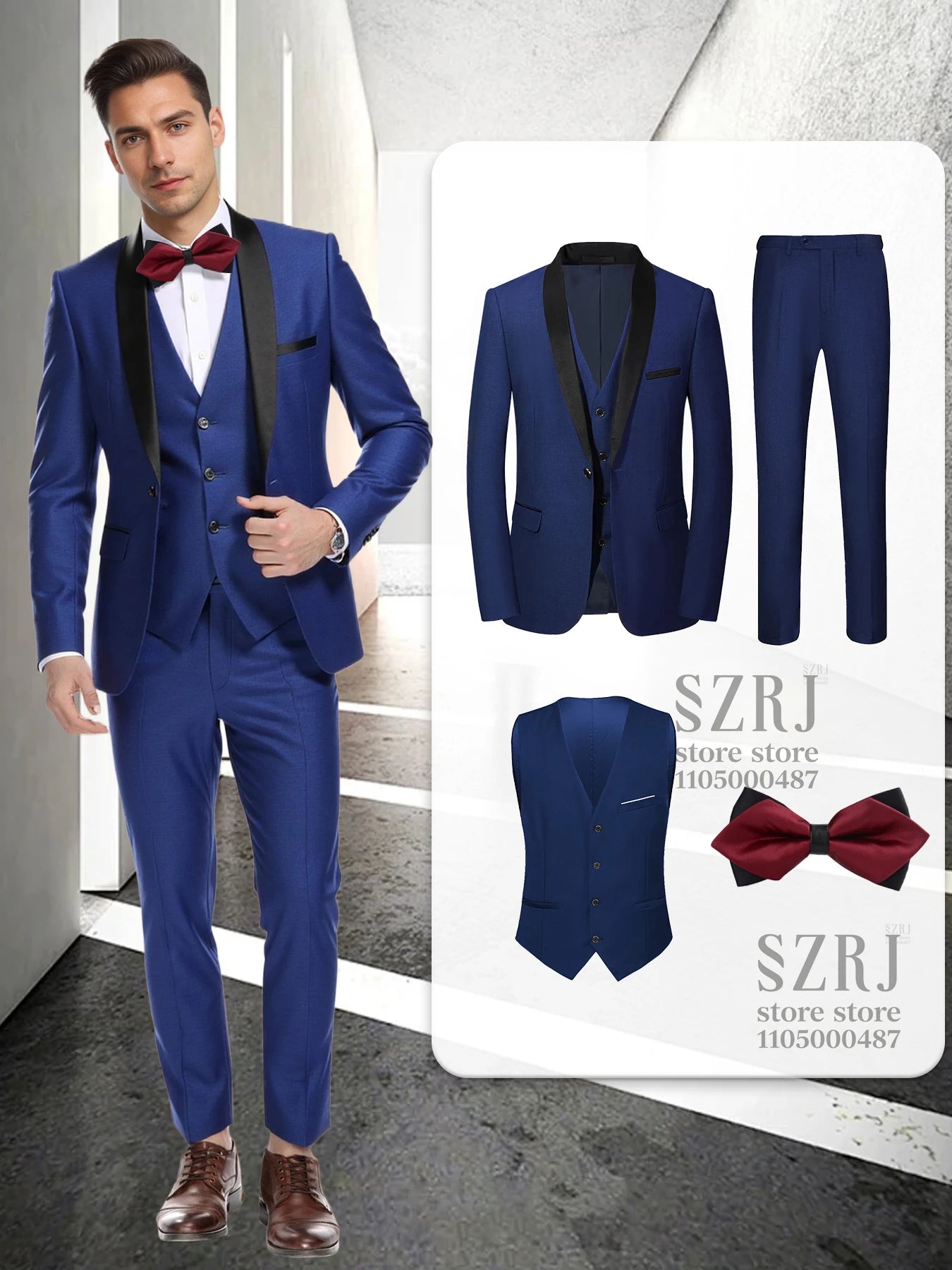 Men's 4-Piece Formal Suit: Jacket + Vest + Pants + Bow Tie, Shawl Collar, 1-Button, Flap Pockets, Wedding/Party