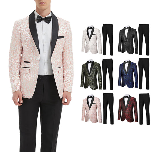 Men's Floral Print Suit Set - Long Sleeve Shirt + Trousers, Single Button Shawl Collar,  Perfect for Party/Wedding/Gathering
