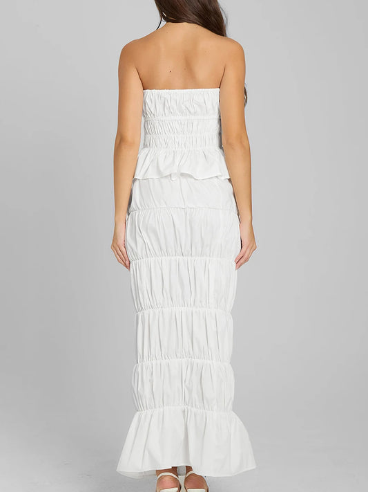 Elegant Two-Piece Set Ruffled Off-Shoulder Crop Top with High-Waisted Maxi Skirt Perfect Summer Ensemble