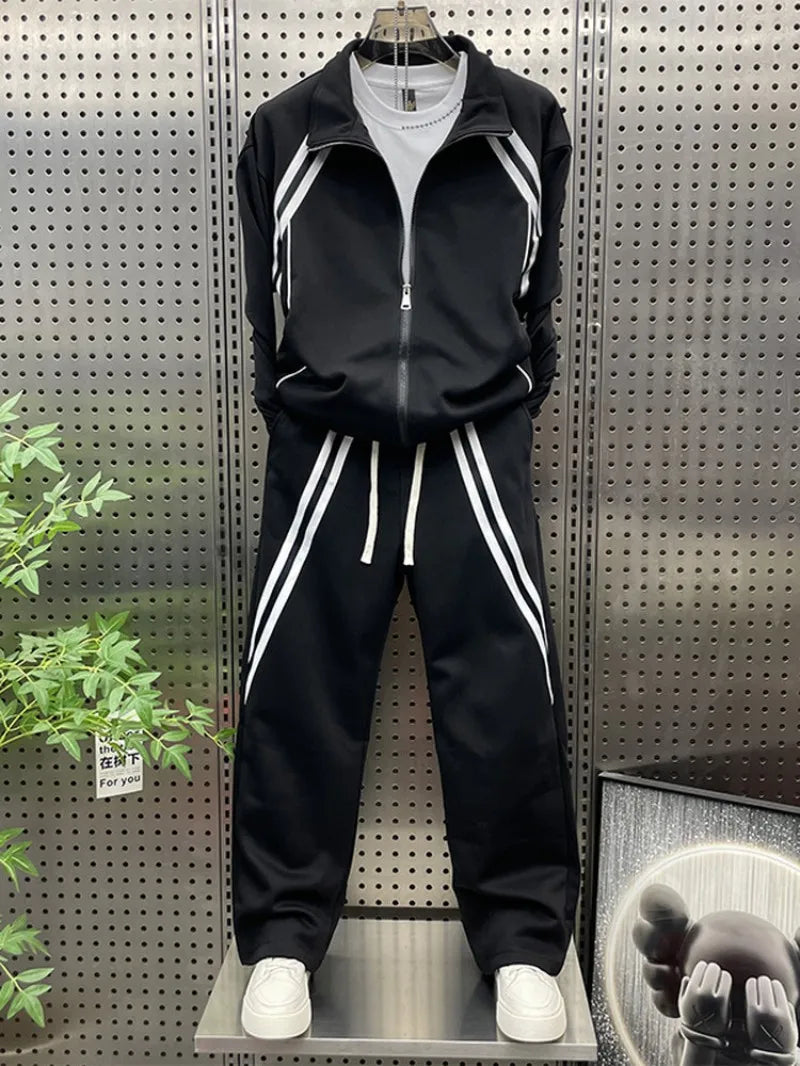 New Men Lapel Collar Zipper Tops Wide Leg Pants Sports Tracksuit Outdoor Jogging Running Set Mixed Colors Two Piece Training Set