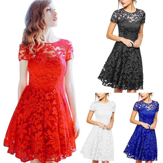 Women Summer Dress See-through Hollow Out Lace Short Sleeves Big Hem Mini Dress Round Neck A-line Prom Dress Women Clothes