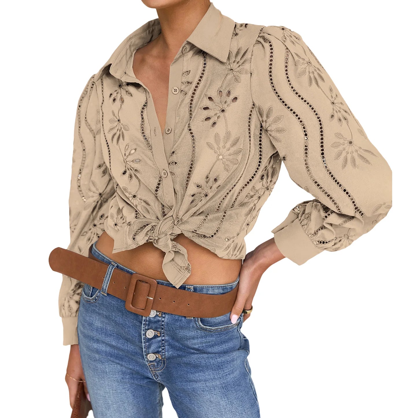 Stylish Women s Eyelet Blouse with Long Sleeves and Turn Down Collar in Solid Color Loose Fit Shirt for Fashionistas