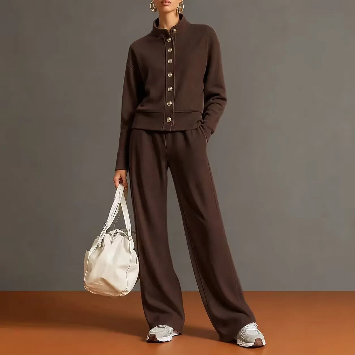 Women 2Pcs Outfit Set Stand Collar Button Sweatshirt Wide Leg Pants Casual Loose Tracksuit Loungewear for Daily Street & Holiday