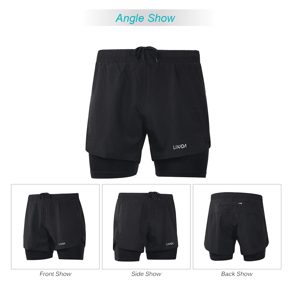 Men's 2-in-1 Running Shorts Quick Drying Breathable Active Training Exercise Jogging Cycle Shorts with Longer Liner