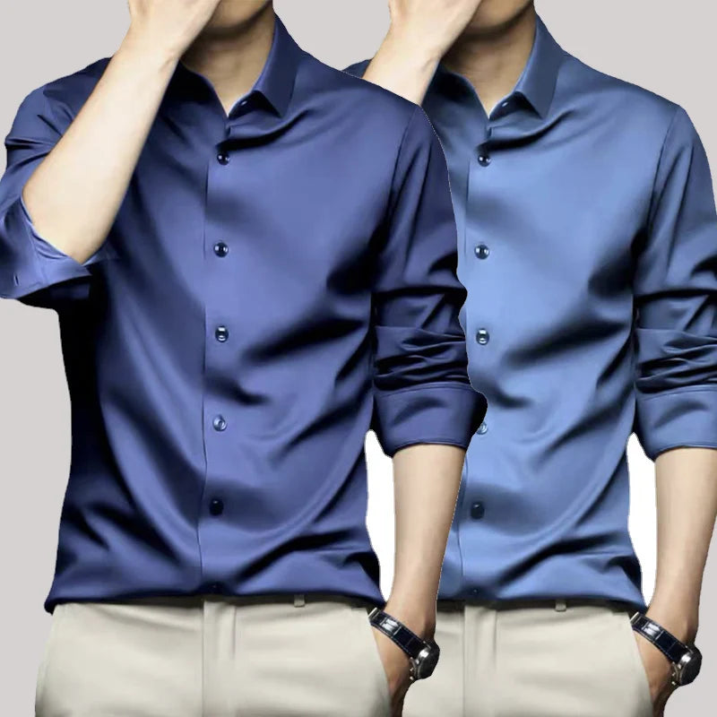 S-6XL Men's Long Sleeve Shirt Luxury Wrinkle Resistant Pure White Shirt Business Dress Casual Ice Silk Glossy Shirt