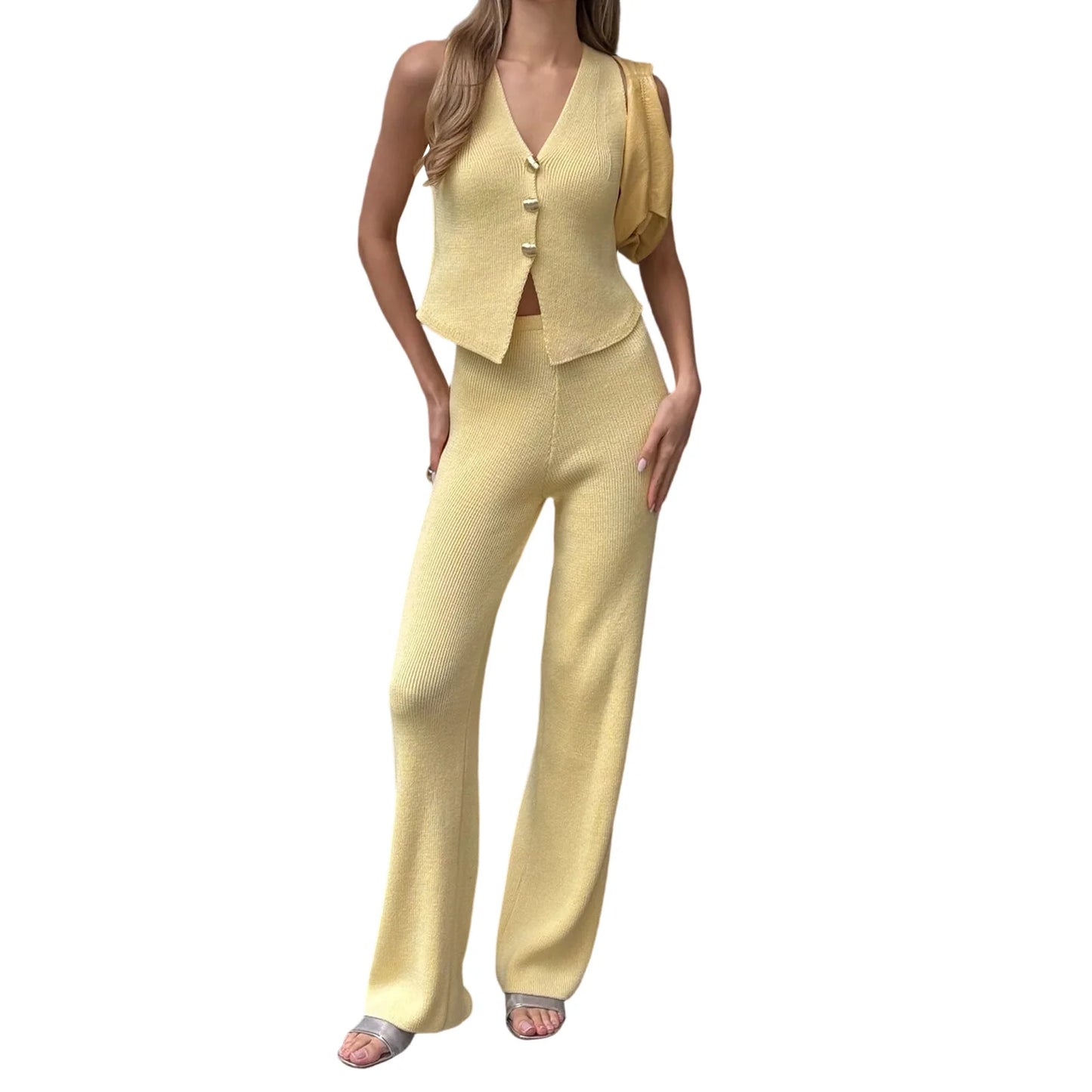 Women s Knitted Sleeveless Vest and Pants Set with Button Closure 2-Piece Summer Outfit for a Stylish Look