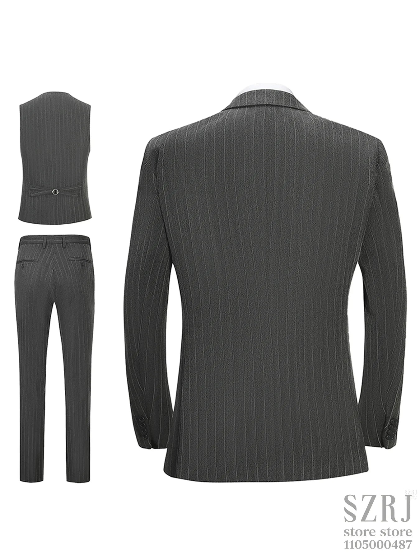 Men's Vertical Striped 3-Piece Suit - Two-Button Jacket+Vest+Pants for Wedding/Business/Daily Wear