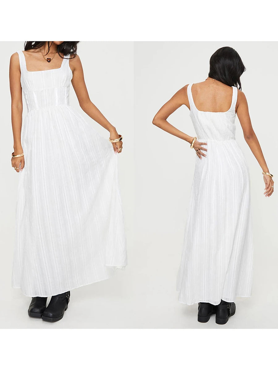 Women’s Sleeveless Long Dress Square Neck Smock Waist Side Zipper Evening Dress for Summer