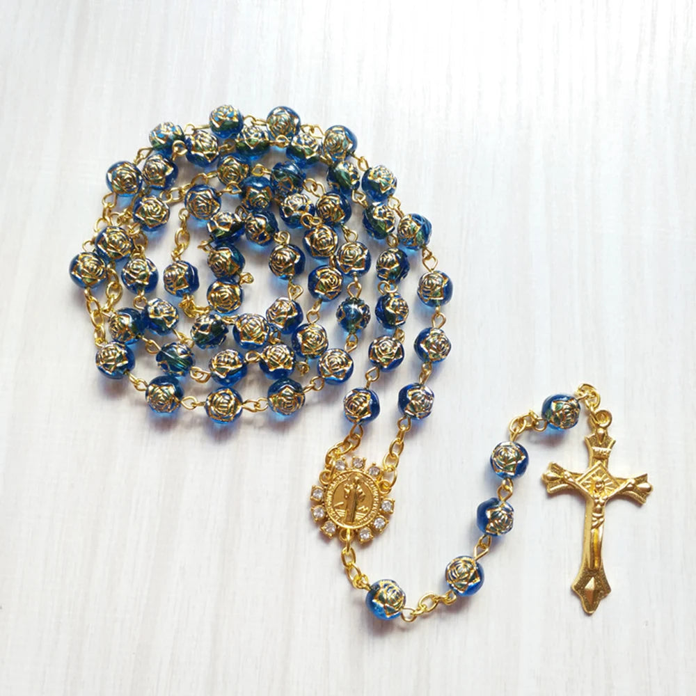 Cottvott  Rhinestone St Benedict Medal Rosary Necklace Religious Blue Rose Prayer Beads Chain Crucifix Cross Pendant Jewelry