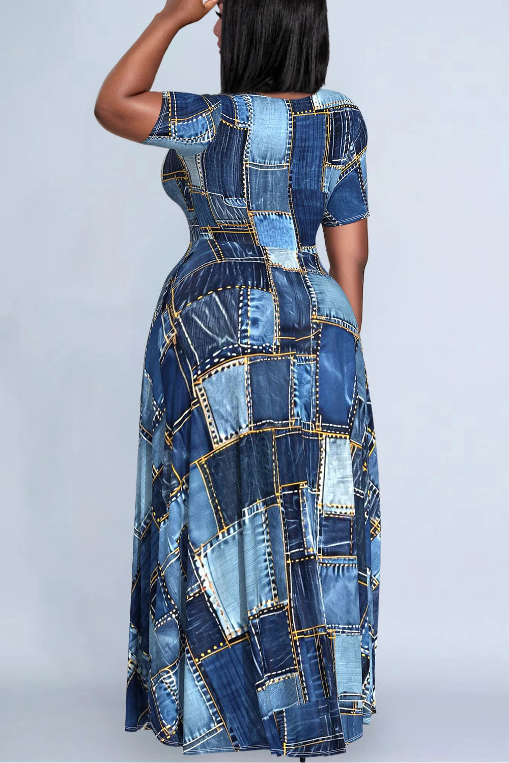 Plus Size Dark Blue Patchwork Crew Neck Denim Print Maxi Dresses