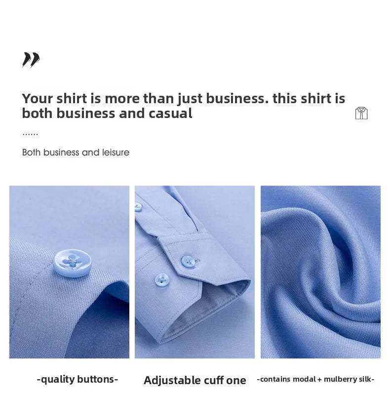 Men's long-sleeved high-end mulberry silk formal shirt, business pure color fashion shirt, plus size