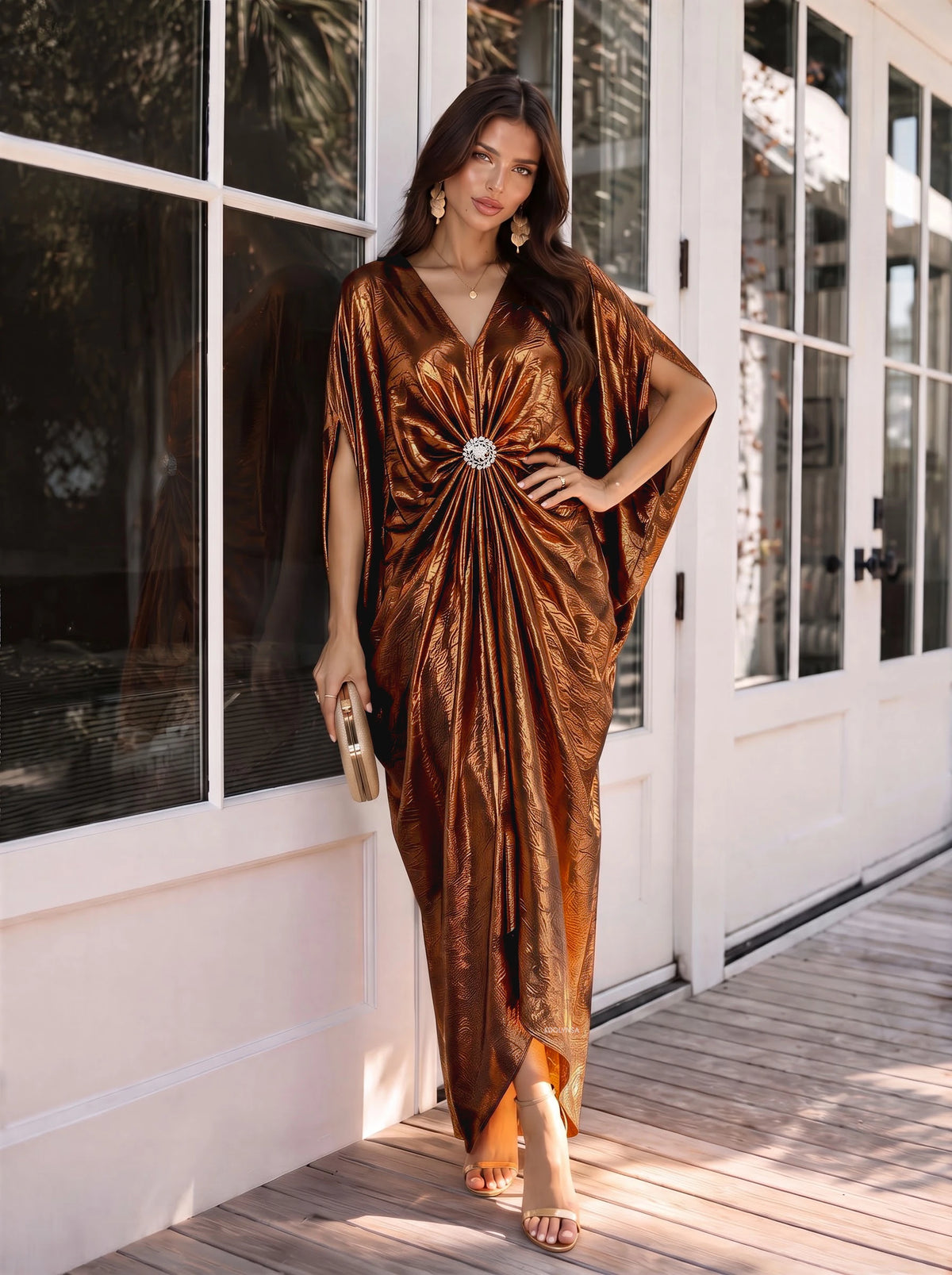 Women Gold Kaftan Dress V Neck Batwing Sleeve Rhinestone Twist Front Maxi Caftan Coverup for Wedding Party Evening K409