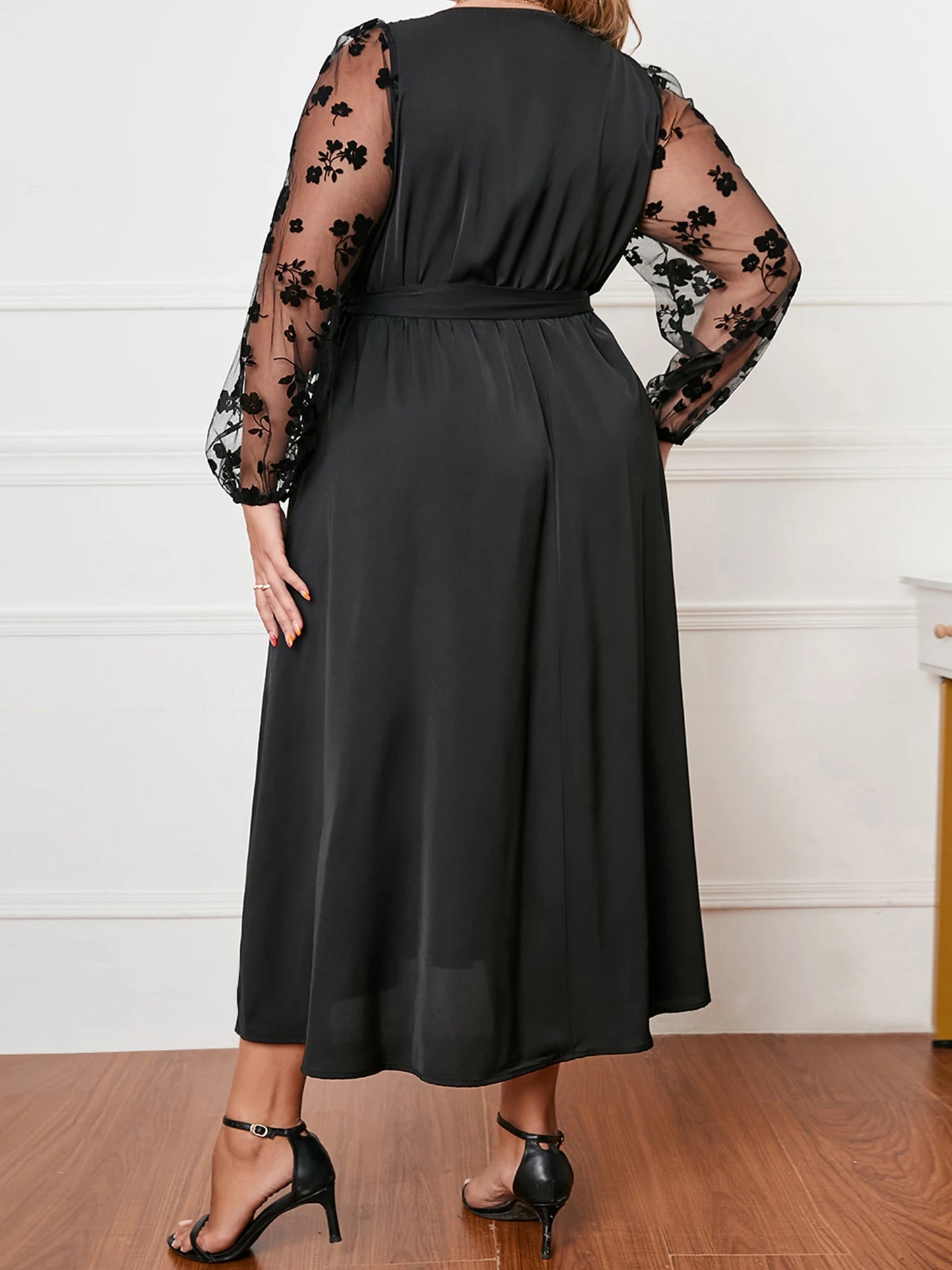Women s Plus Size Satin Dress Embroidered Lace Long Sleeve Wrap V-Neck A Line Dress with Belt for Spring Fall Wedding Party