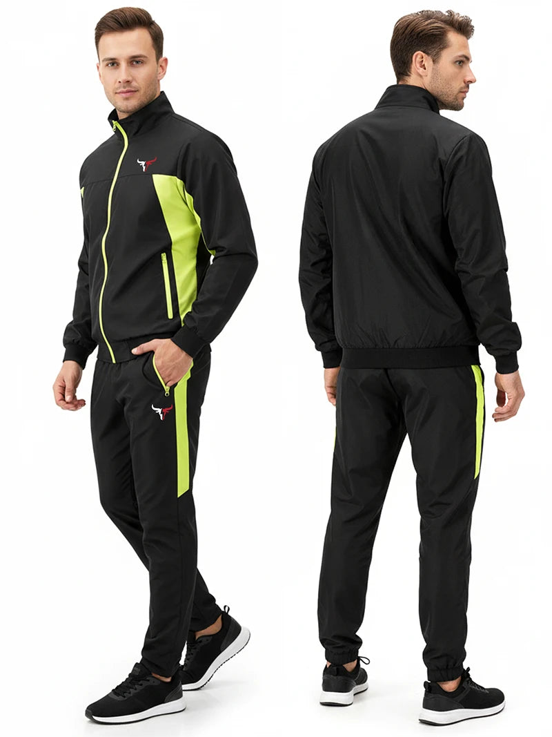 Bull Print Colorblock Sports Set for Men Outdoor Stand Collar Zip Up Jacket Coat Outwear Tops Pants Trousers with Zipper Pockets