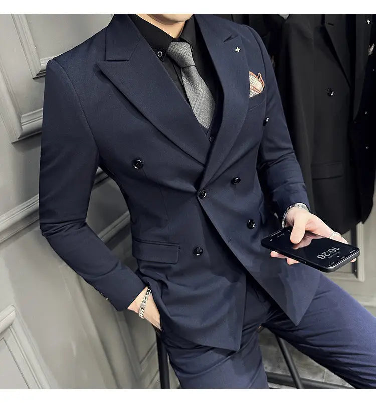 Men's 3 Piece Double‑Breasted Suit Set Slim Fit Solid Color Business Casual Wedding Party Jacket Vest Pants Male Formal Outfit