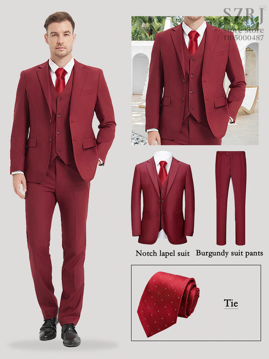 Men's 4-Piece Suit: Jacket+Vest+Pants+Red Spotted Tie.Gentleman Style, Premium, Tailored. For Business, Parties, Weddings.