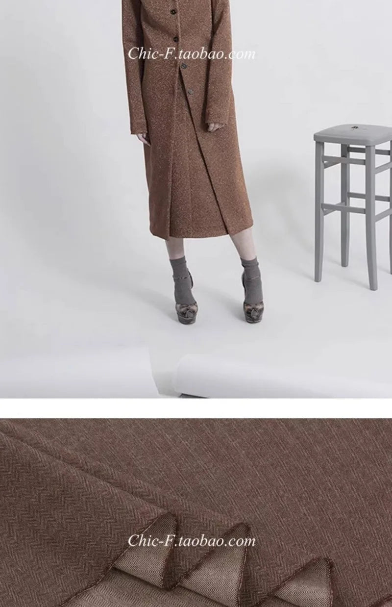Coffee Colored Herringbone Spun Wool Fabric Retro British Style Suit Jacket Pants Neat Top Simple Fashion Clothing Fabric