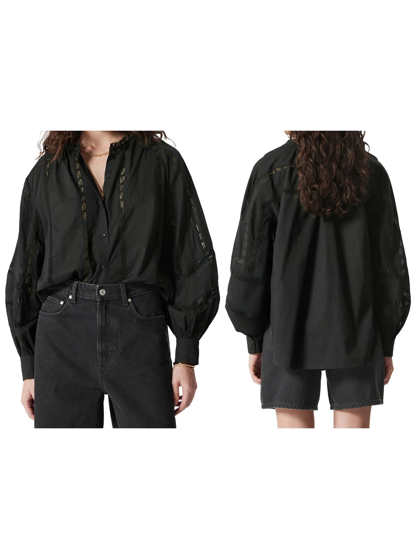 Women s Casual V-Neck Long Sleeve Button Down Shirt with Lace Detailing and Balloon Sleeves - Stylish Fall Blouse