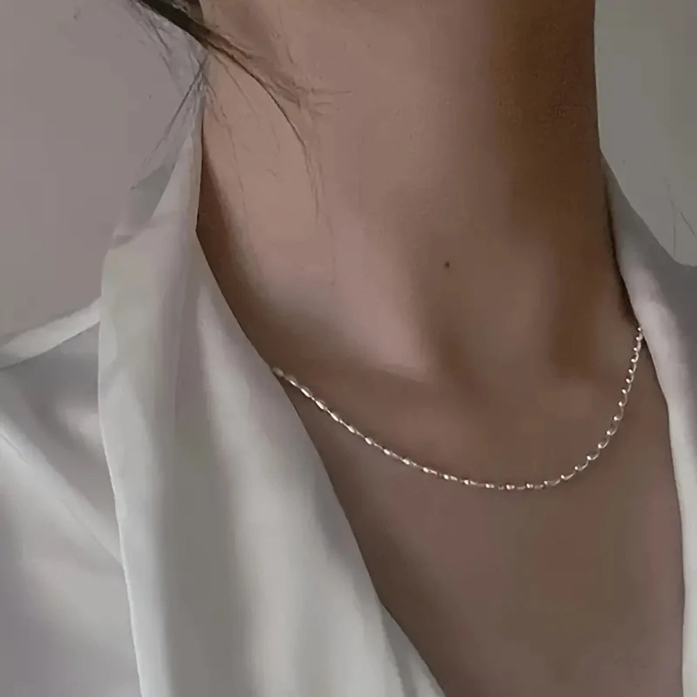 925 Sterling Silver Stacked Rice Grain Olive Beads Chain Necklace for Women Exquisite Simple Collarbone Chain Jewelry Gift USA