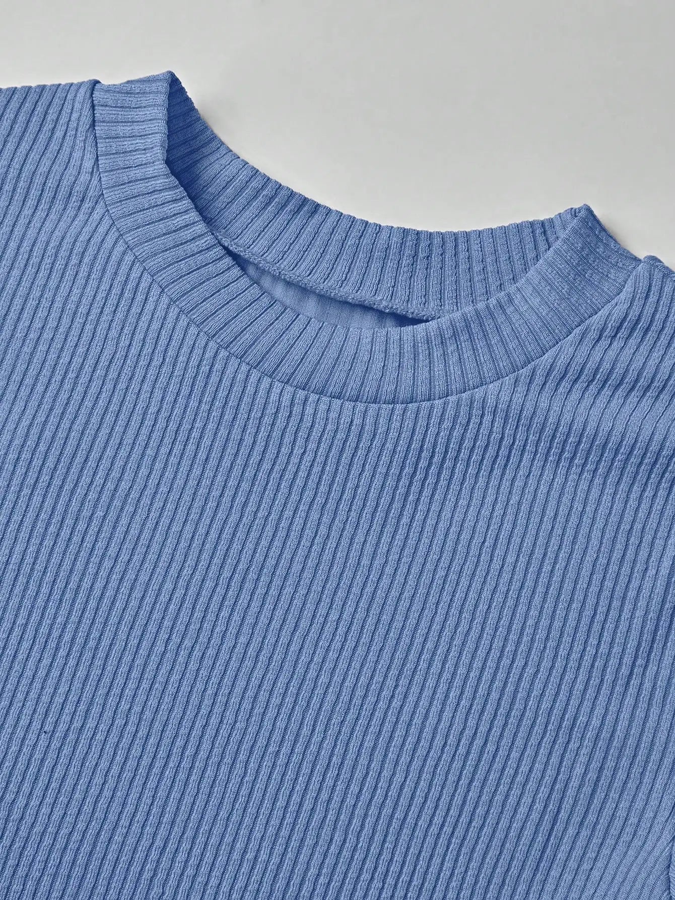 Women's Ribbed Knit Two-Piece Tracksuit - Short Sleeve Crop Top & High-Waisted Wide Leg Pants (Crewneck/Elastic Waist)