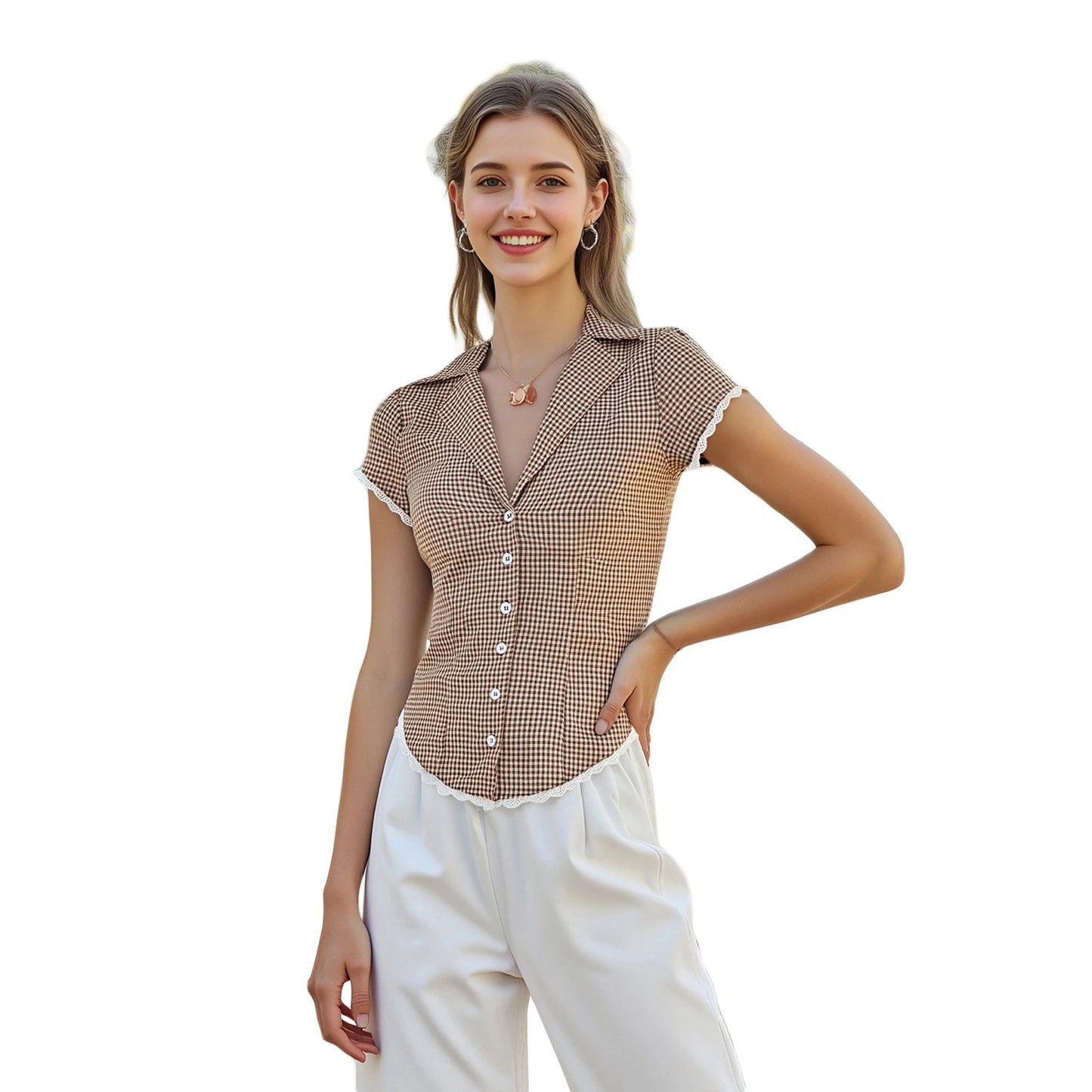 Women s Short Sleeve Plaid Shirt with Lace Trim and Turn Down Collar Button Down Blouse for Summer Casual Wear Streetwear Top