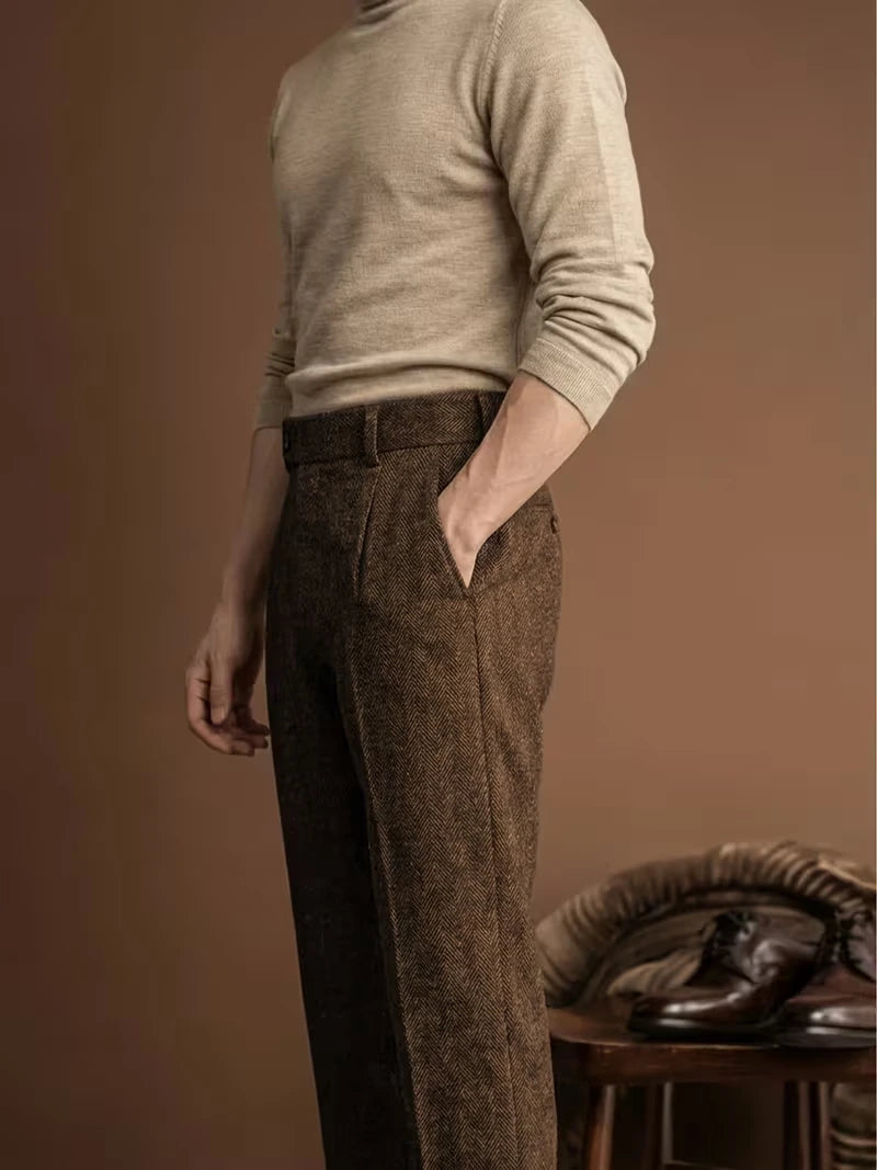Men's Retro Herringbone Coarse Tweed Blend Straight Leg Trousers Classic Formal Business Office Leisure Attire Autumn Pants