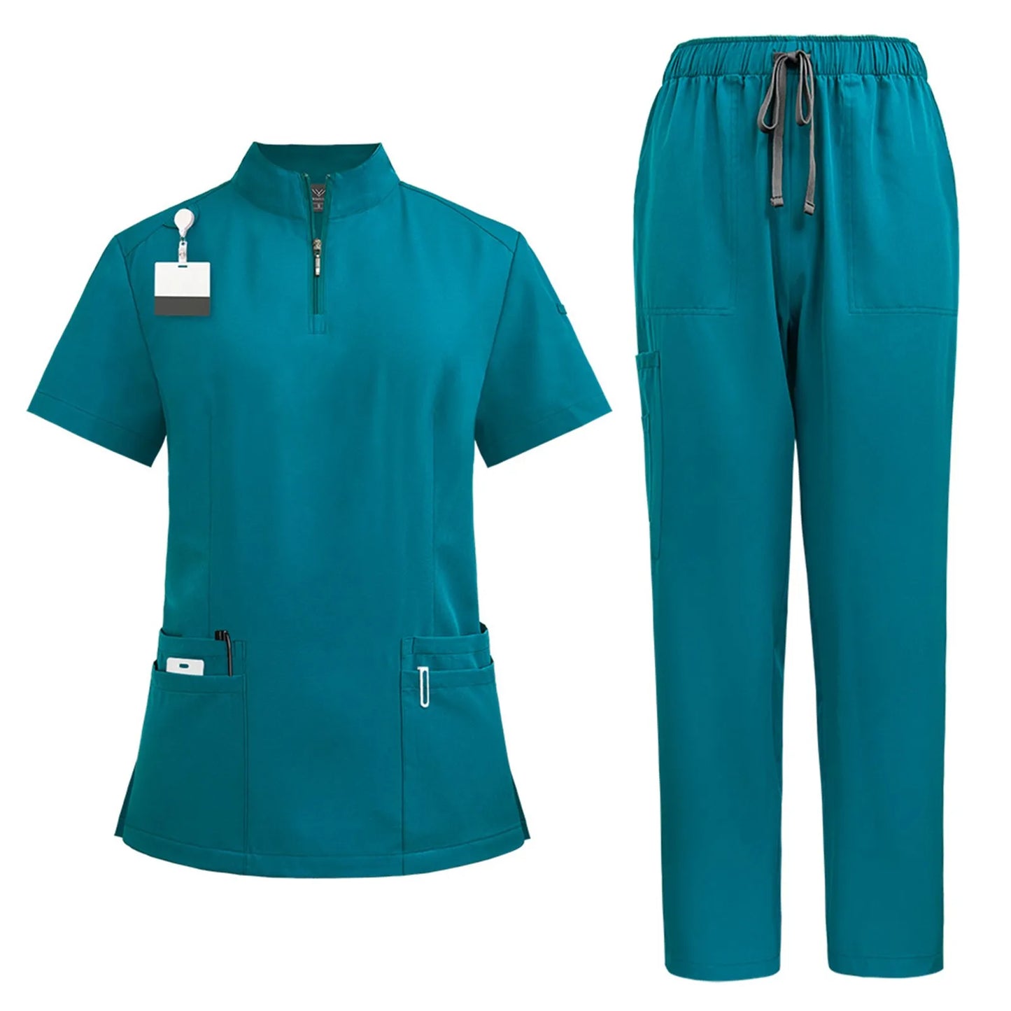 Women Two-Piece Set Solid Color Stand-Up Collar Short-Sleeve Top With Zipper Pocket And Matching Pants Professional Workwear