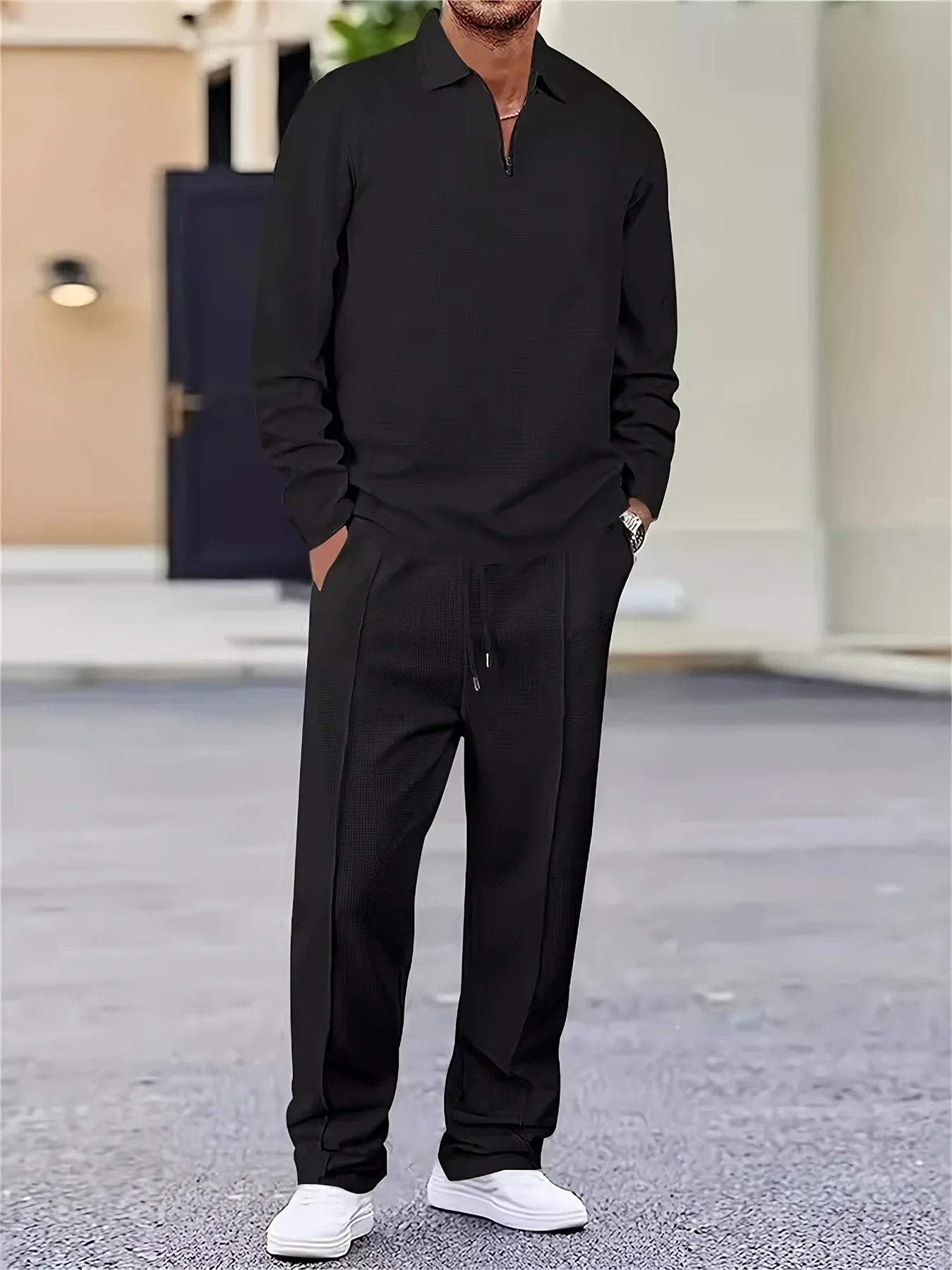 The new men's spring and autumn Waffle long-sleeved and long pants sportswear and casual set is made of comfortable and breatha