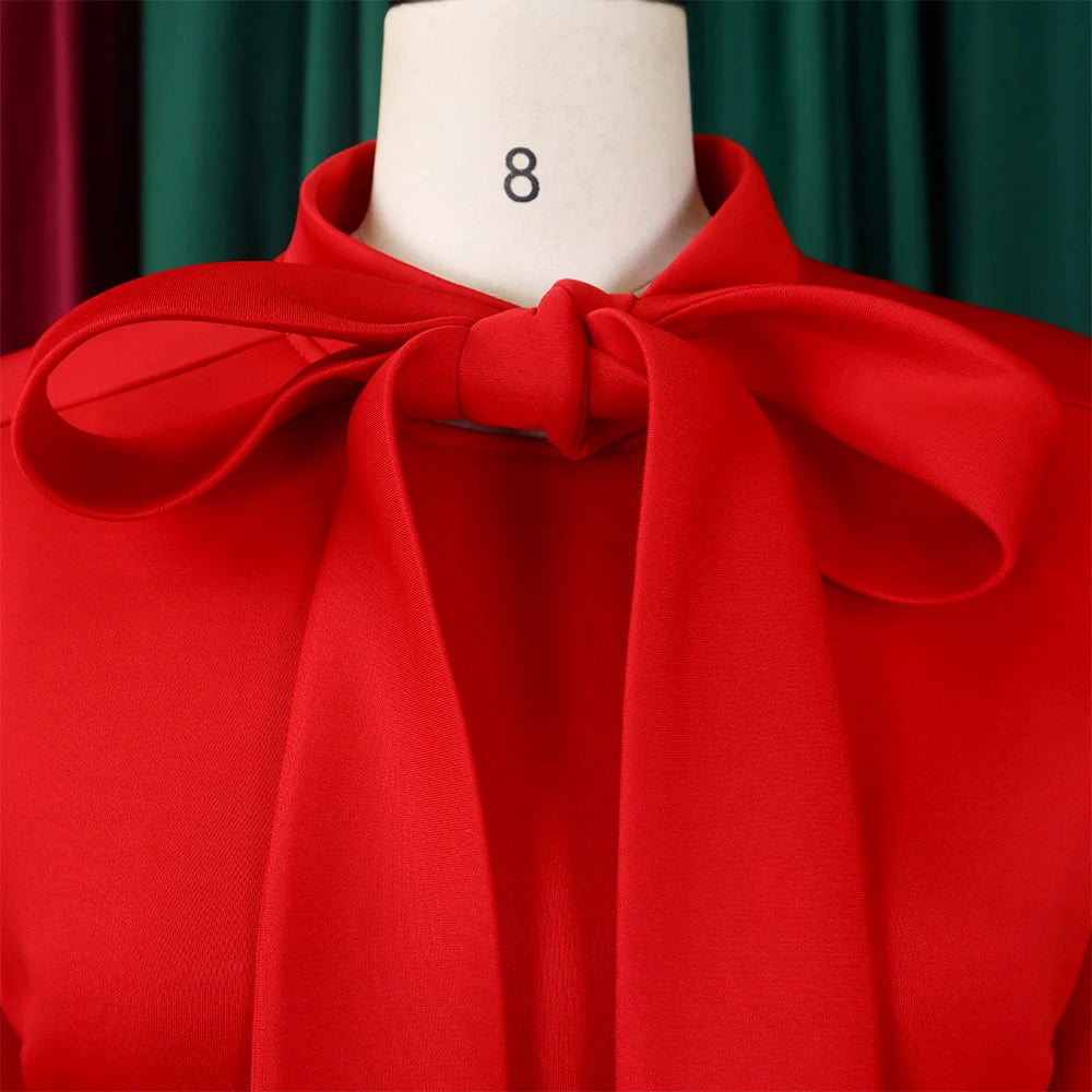 Elegant Party Dresses for Women Luxury Woman 2024 Bow Collar Full Sleeve High Waisted Pleated Mid Calf Birthday Dinner Celebrate