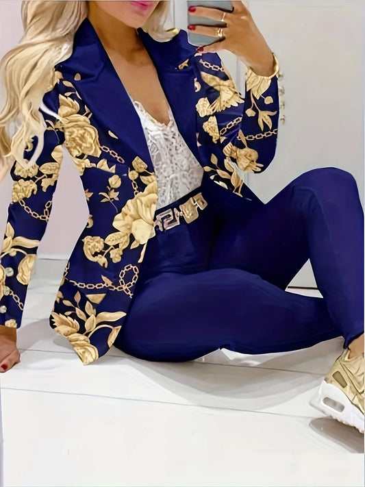 Urban elegance and romantic party gold floral chain digital print casual stretch top suit jacket and elastic waistband colorful